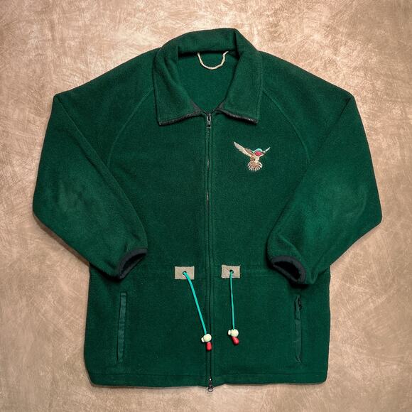 Vintage 90s Green Fleece Hummingbird Jacket Embroidered Union Made Cinch Waist - Picture 8 of 8